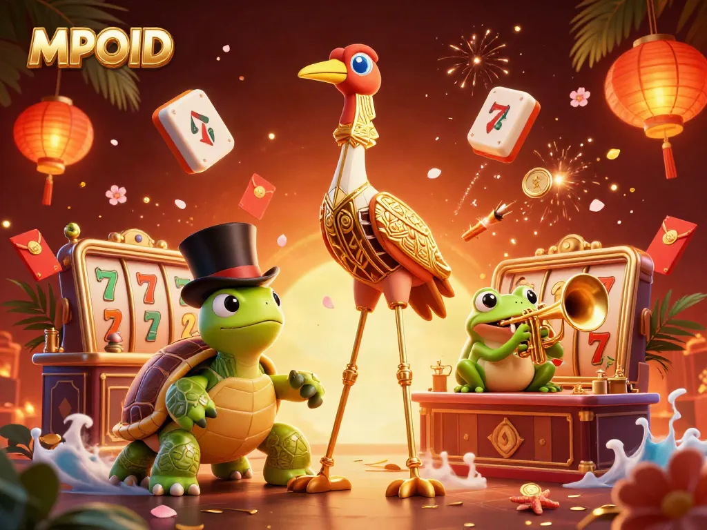 MPOID features an exciting slot scene with a colorful crane, turtle, and frog amidst dynamic casino symbols.