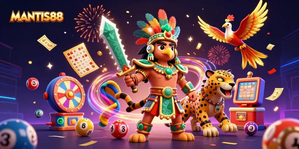 MANTIS88 party celebrating with colorful lottery elements and Aztec warriors in a vibrant online casino setting