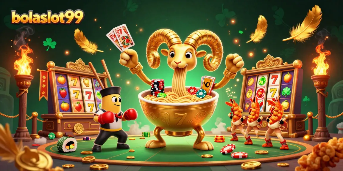 Bowl of ramen and sushi characters showcase bolaslot99 slot reels with vibrant casino energy