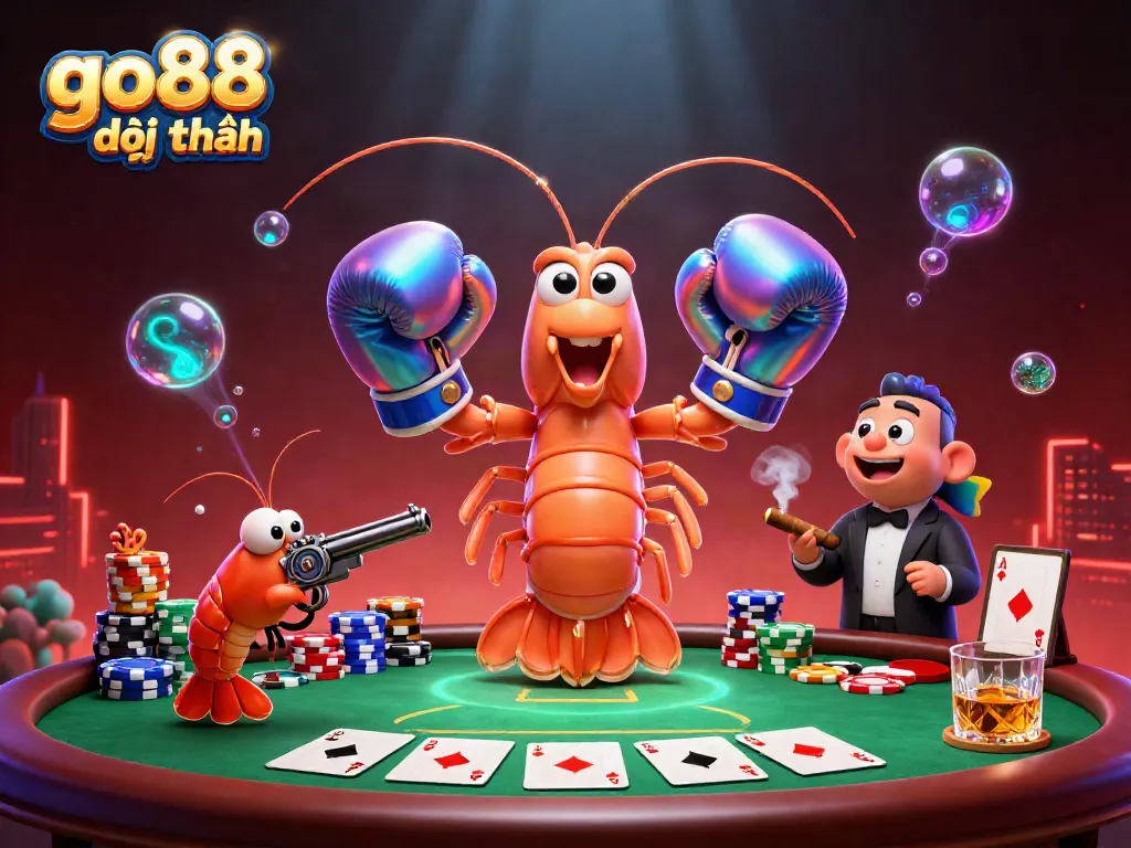 Engage with the vibrant scene of go88 đổi thưởng, featuring 3D shrimp characters in a dynamic casino setting.