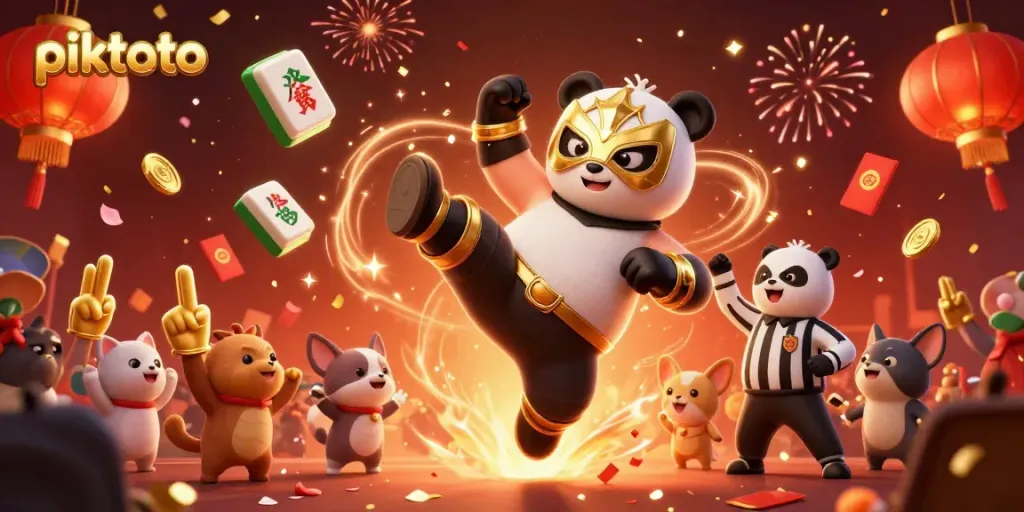 Experience thrill at Piktoto with a vibrant 3D illustration of a panda wrestler and cheering crowd, celebrating casino games.