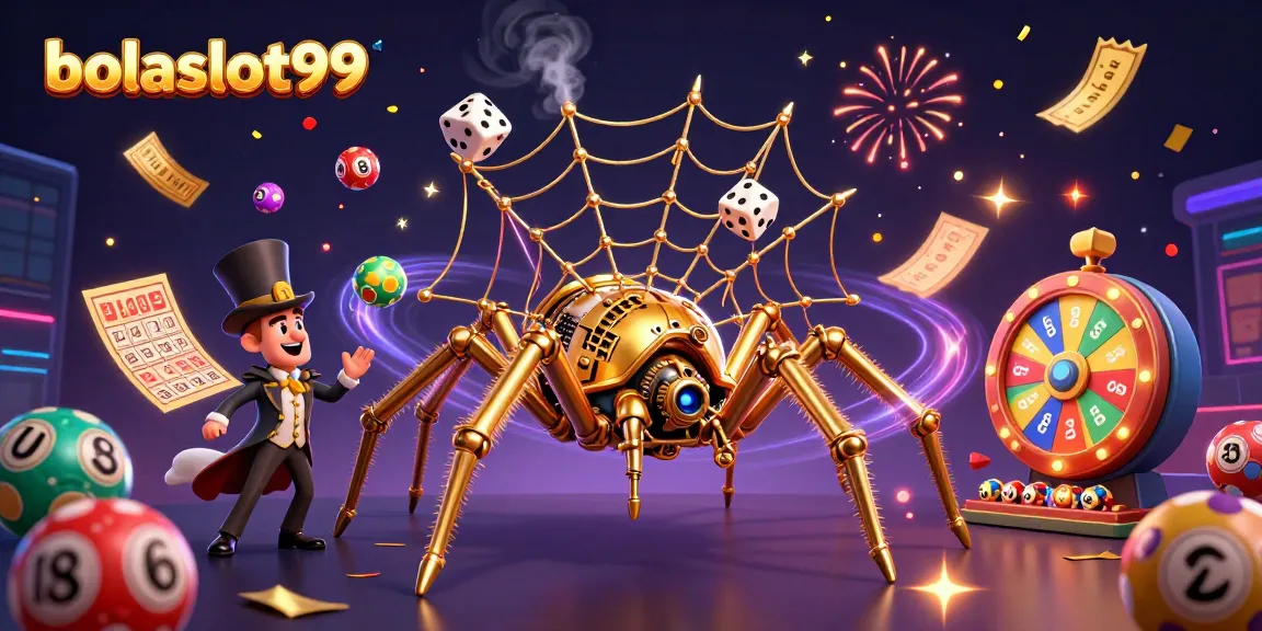 BolaSlot99 showcases a vibrant casino-themed illustration with a steampunk spider and colorful gaming elements.