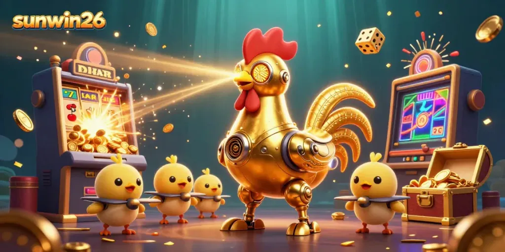 Experience the thrill of sunwin26 with vibrant casino action, golden rooster robot, and jackpot celebrations.