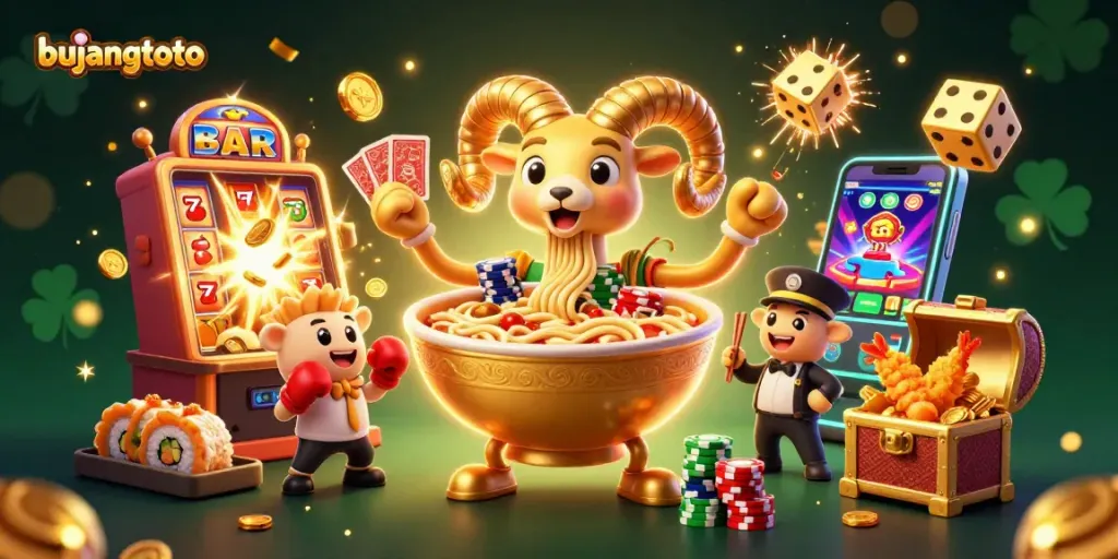 Menggandakan kesenangan bujangtoto dengan ilustrasi 3D kasino penuh warna dan simbol menang.