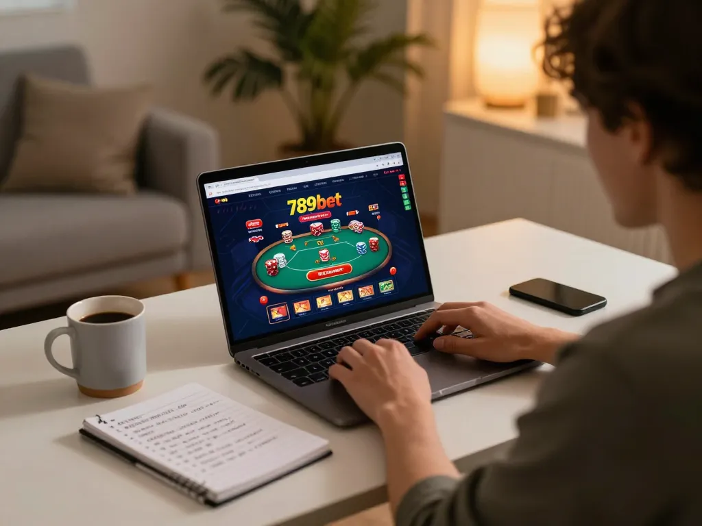 Player betting strategically on 789bet poker game using laptop in cozy home setting.