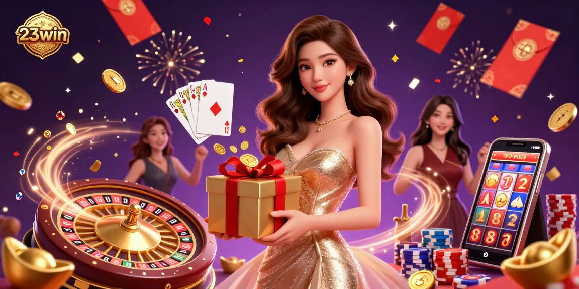 Experience the excitement of 23win casino with a vibrant Lunar New Year theme, gold coins and festive elements.