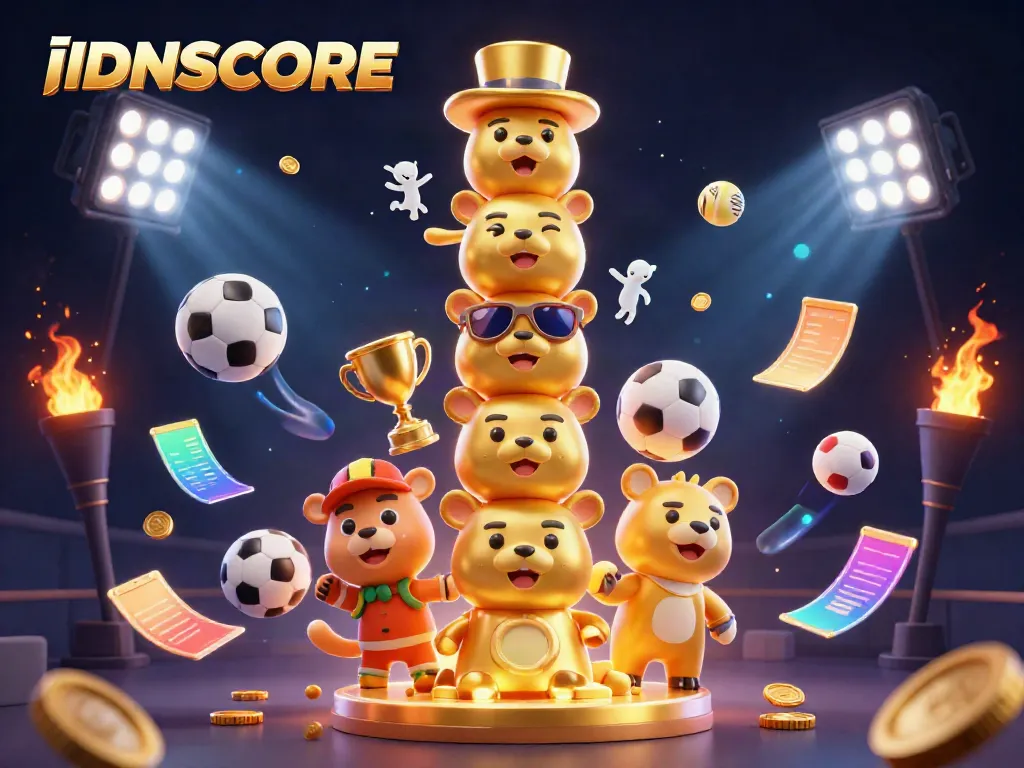 Experience thrilling sports betting action with IDNSCORE’s vibrant 3D casino illustration filled with dynamic game elements.