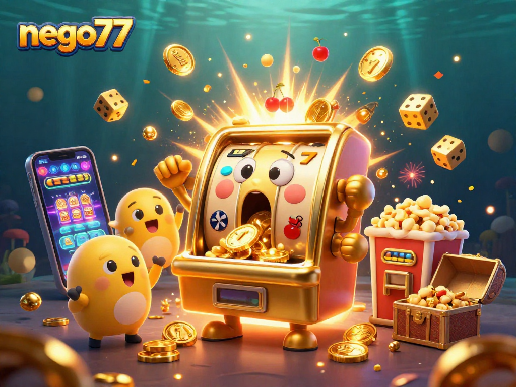 Nego77 presents an exciting jackpot scene with animated slot machines celebrating wins.