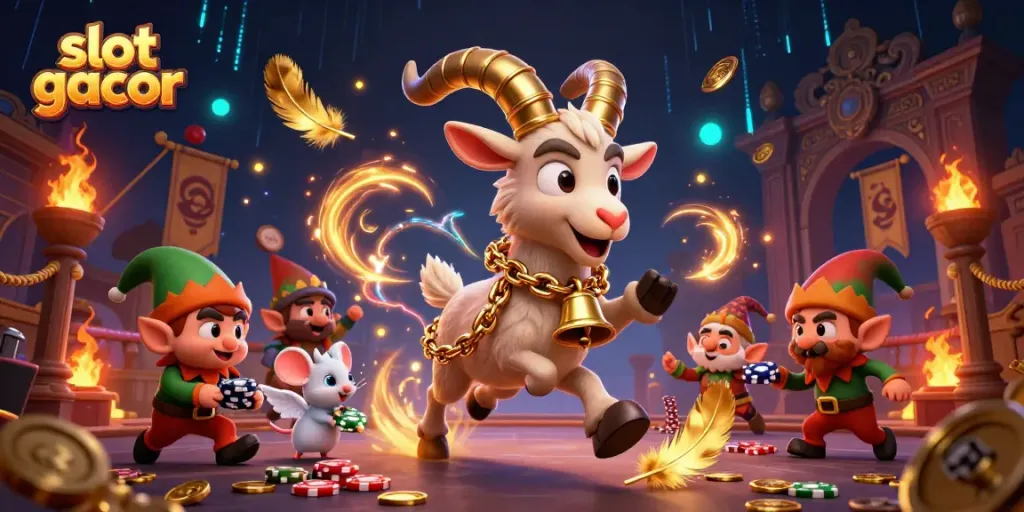 Engage in slot gacor gaming with festive characters in a chaotic casino scene filled with excitement.