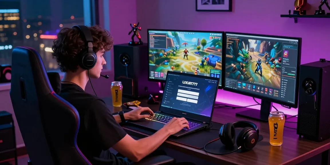Proses LUXURY777 Login dalam lingkungan gaming modern dengan cahaya LED dan laptop canggih.