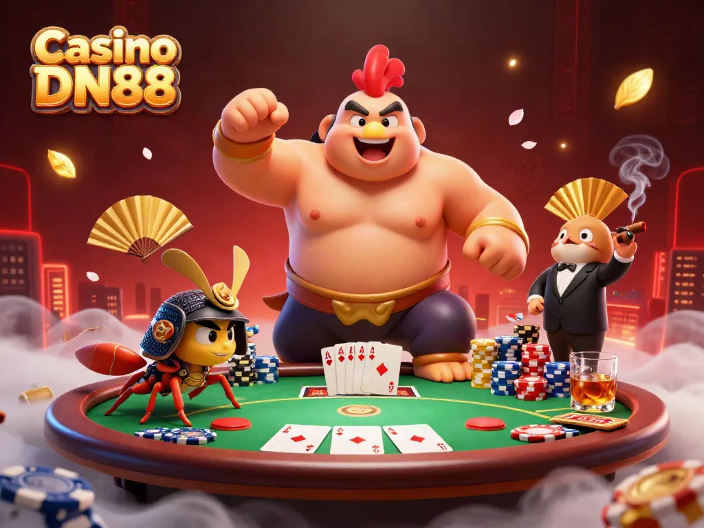 Experience the vibrant energy of Casino DN88 with a dynamic poker scene featuring a sumo rooster and samurai cricket.