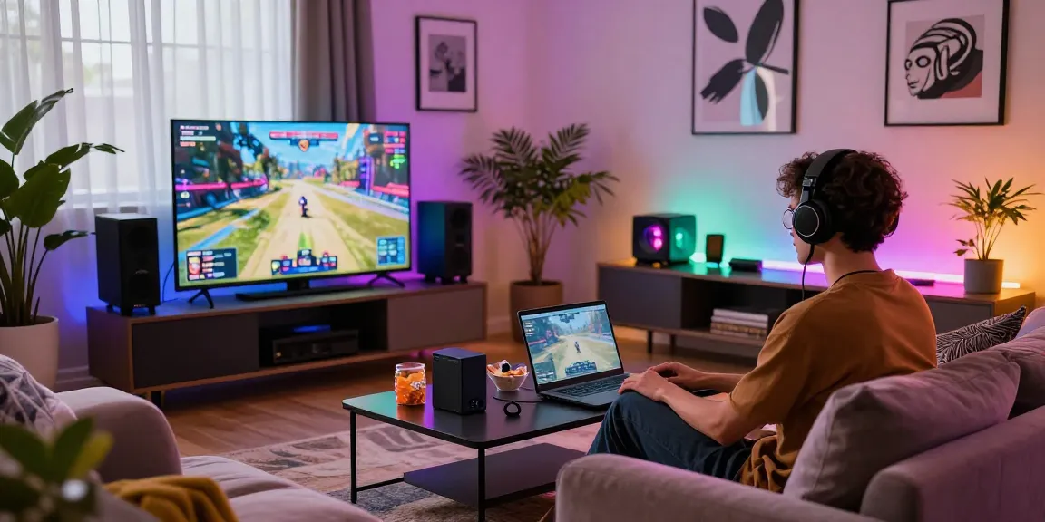 Gamer menggunakan laptop dan headset di ruang tamu modern saat Cara Login LUXURY777.