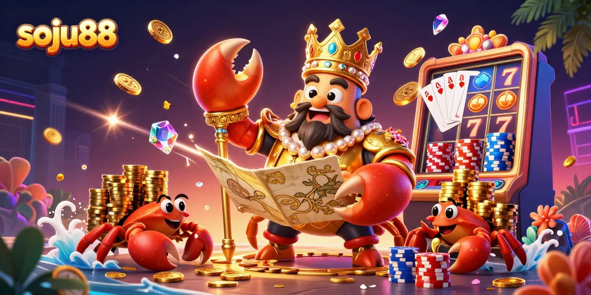 Soju88 showcases a vibrant 3D casino scene with a golden crab holding a scepter amidst sparkling jackpots.