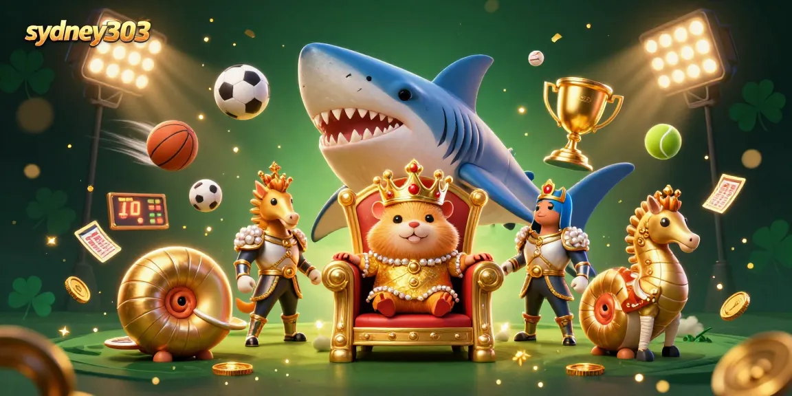 Visualisasi menarik sydney303 dengan raja hamsternya di thrones, dikelilingi bola olahraga dan koin emas.