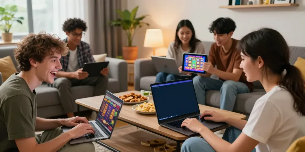 Excited players enjoying the slot 4d gaming experience on multiple devices in a lively living room.