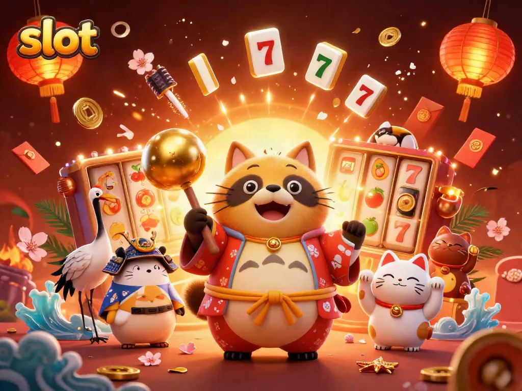 Slot yang berputar dengan simbol keberuntungan dikelilingi karakter lucu dalam suasana kasino yang cerah.