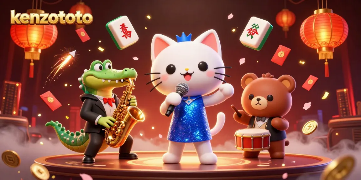 Kenzototo showcases a vibrant casino scene with a jazz-singer cat and musical animal friends entertaining players.