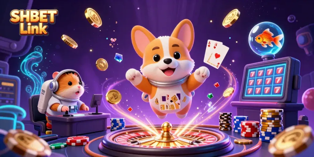 Engage in thrilling fun with SHBET Link, enjoying floating poker chips and coins in a space casino.