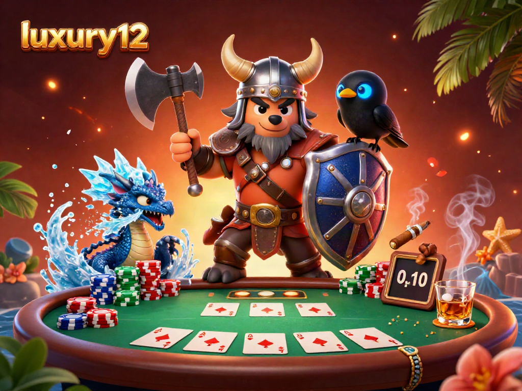 Engage with luxury12 in a vibrant poker scene featuring a Viking wolf warrior, dragon, and raven.