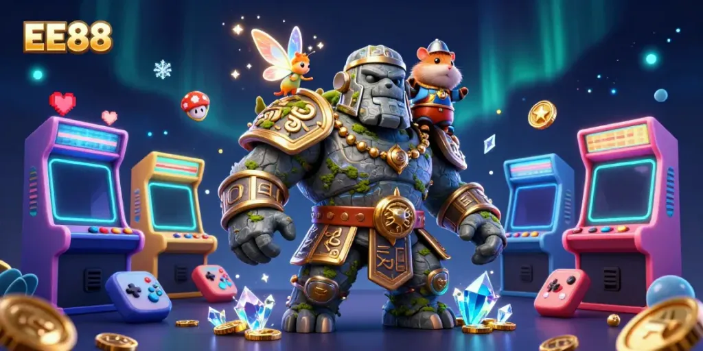 EE88 illuminates with magic as a stone golem and fairy join a hamster knight in a vibrant casino scene.