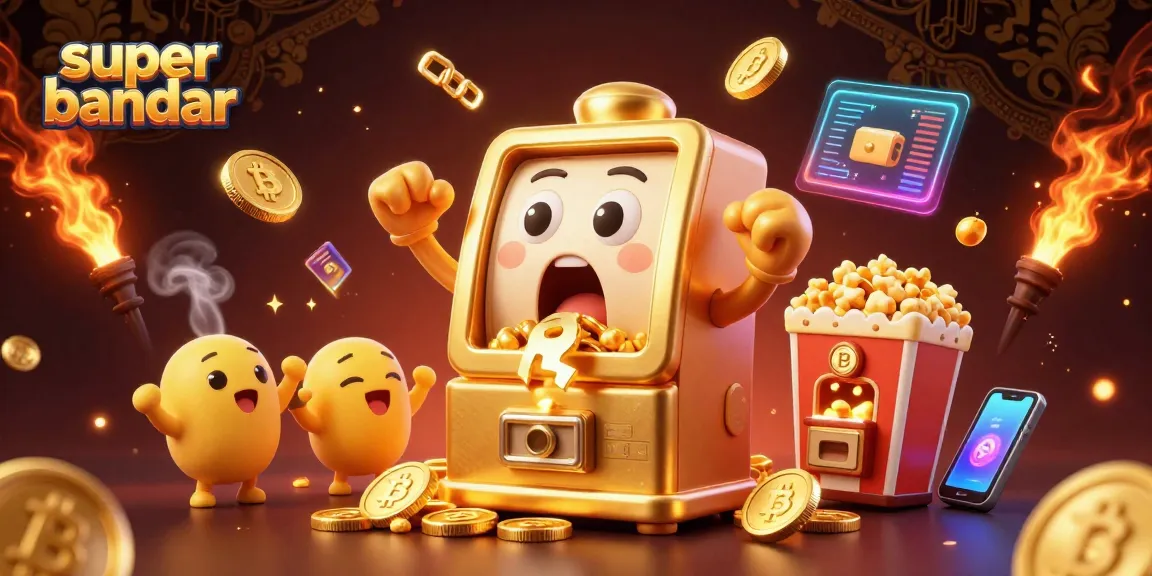 Bermain slot di super bandar sambil dikelilingi koin emas dan karakter slot ceria.