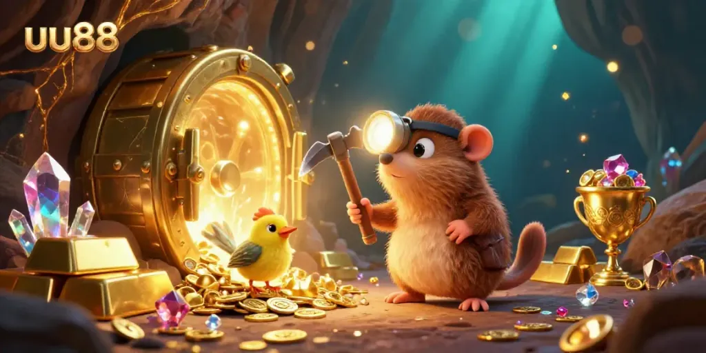 Experience thrilling gold mining with uu88 in a vibrant treasure cave filled with riches.