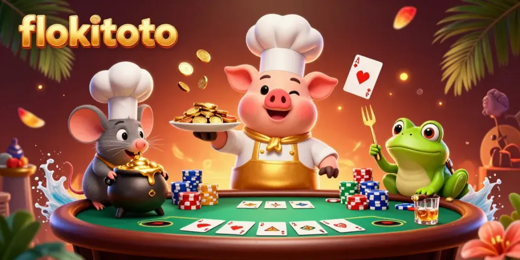Engaging scene with flokitoto characters highlighting a lively casino atmosphere featuring poker elements and gold coins.