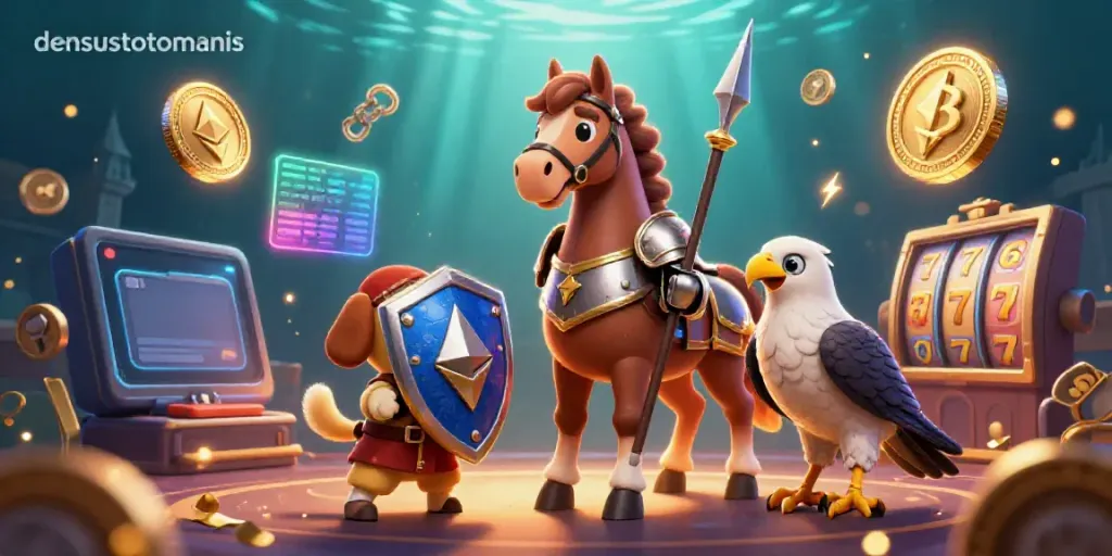 Engage with the densustotomanis casino experience, featuring a knight, puppy, and falcon amidst glowing cryptocurrency elements.