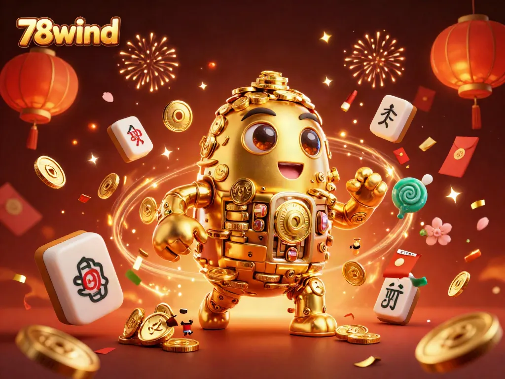 Experience the excitement of 78wind with a dazzling 3D casino-themed scene featuring a golden golem and festive decorations.
