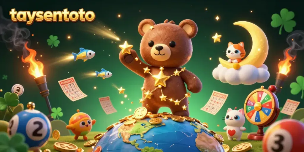 Taysentoto showcases a vibrant 3D constellation bear harvesting coins, embodying legal online gaming excitement.