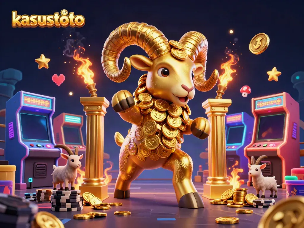 Permainan slot di kasustoto dengan penggambaran ram emas dan mesin arcade yang cerah.
