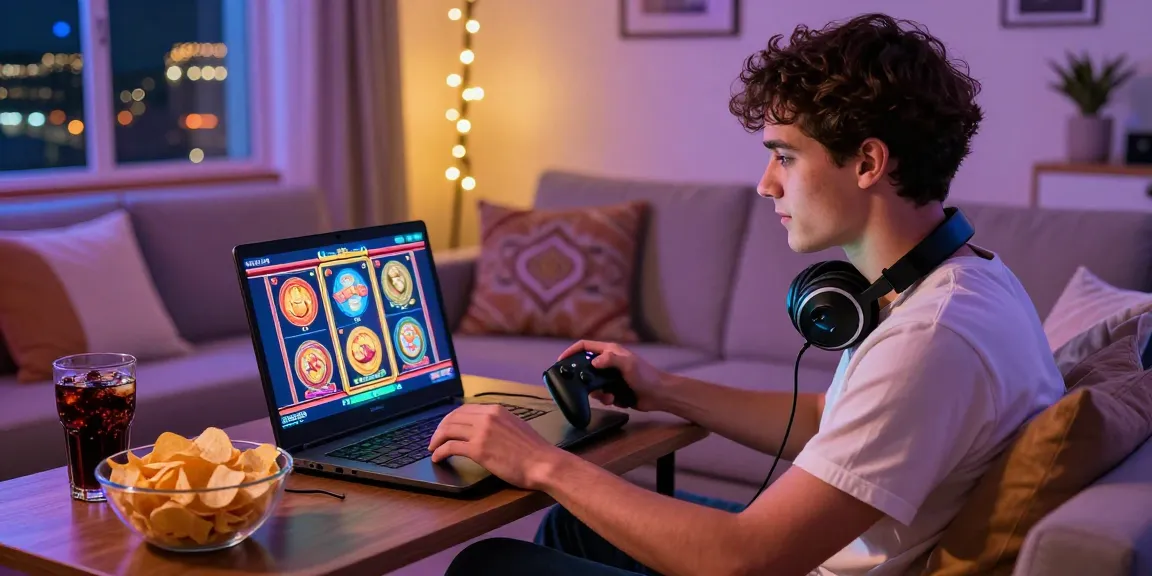 Engaged player enjoying slot games online with vibrant visuals and cozy atmosphere.