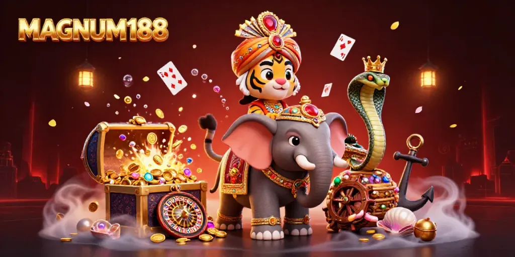 MAGNUM188 offers a mesmerizing 3D scene featuring vibrant characters and casino elements amidst captivating visuals.