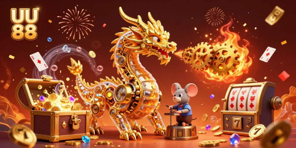 Experience thrilling gaming at UU 88 with a stunning golden dragon and dynamic casino elements.