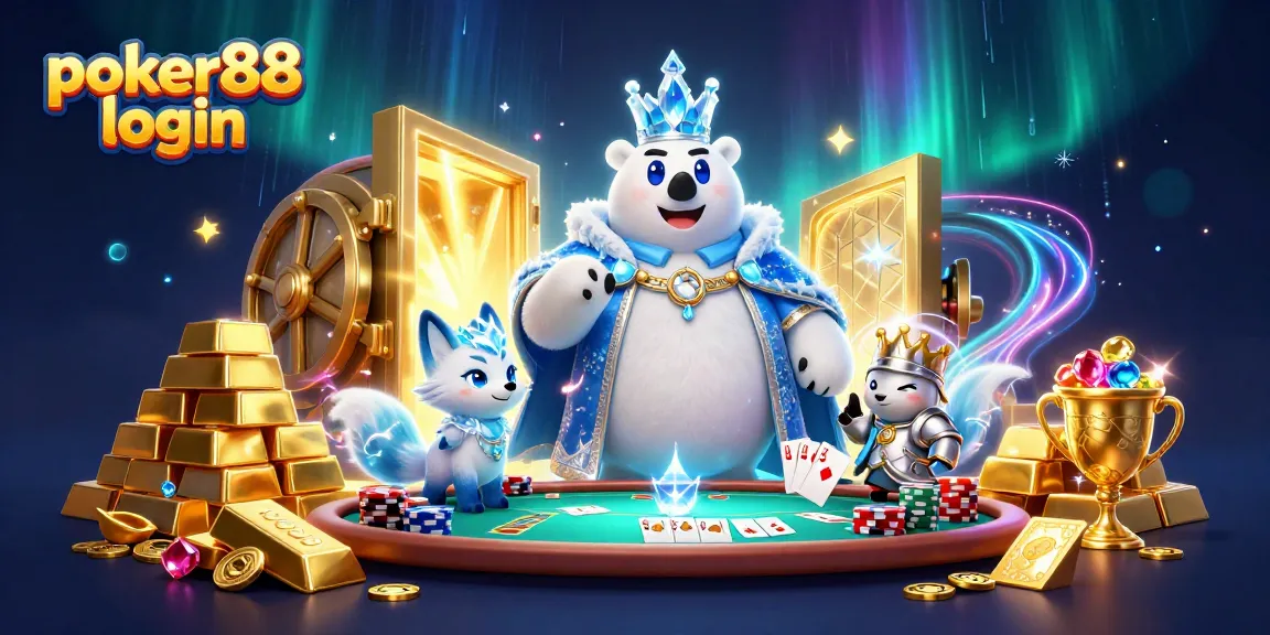Engage in poker excitement with poker88 login featuring a polar bear and snow fox in a vibrant casino scene.