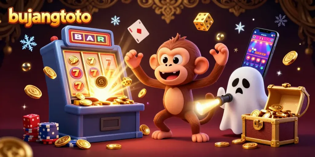 bujangtoto features a playful poltergeist monkey juggling in a vibrant casino, with a curious puppy tracking nearby.