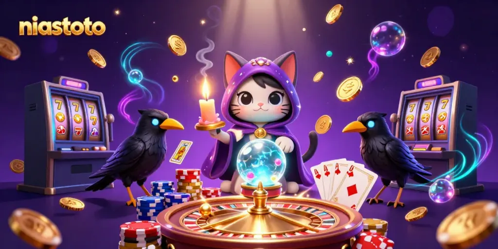 Gambarlah niastoto sebagai simbol keberuntungan dalam permainan kasino digital, dikelilingi elemen menarik.