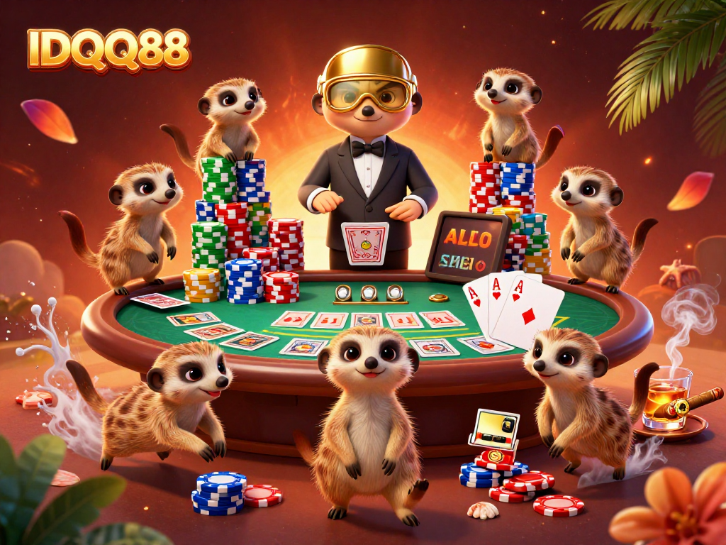 Engage in thrilling poker at IDQQ88 with colorful meerkat dealers, chips, and cards.