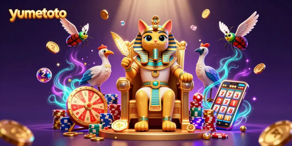 Win big with yumetoto's lottery and gaming, featuring colorful elements in a vibrant 3D scene.