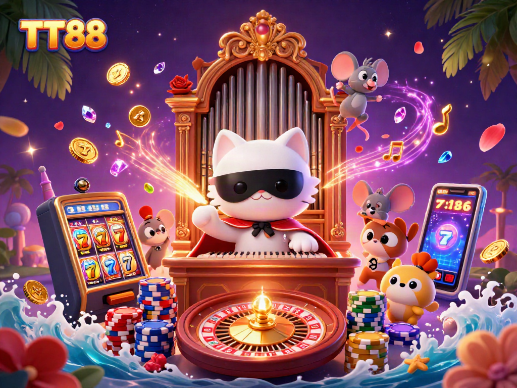 Experience thrilling games at TT88 casino with a vibrant illustration of slot machines and casino ambiance.
