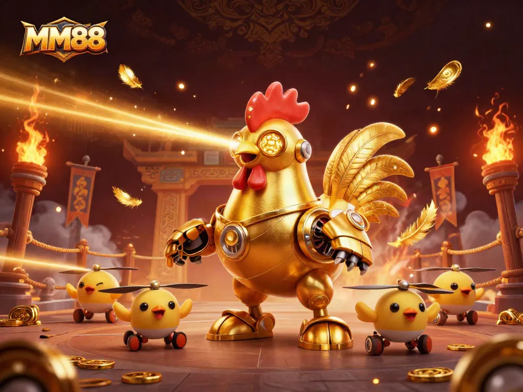 Experience MM88’s thrilling gaming universe with a retro-futuristic rooster and flying chick drones.