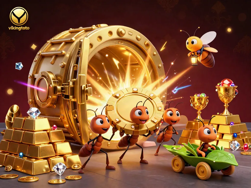 Experience a thrilling heist as ants carry a giant poker chip in this vibrant vikingtoto illustration.