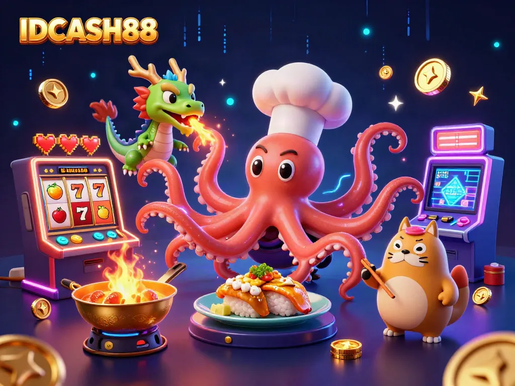 Join the excitement at IDCASH88 with a lively illustration featuring magical creatures and golden casino themes.