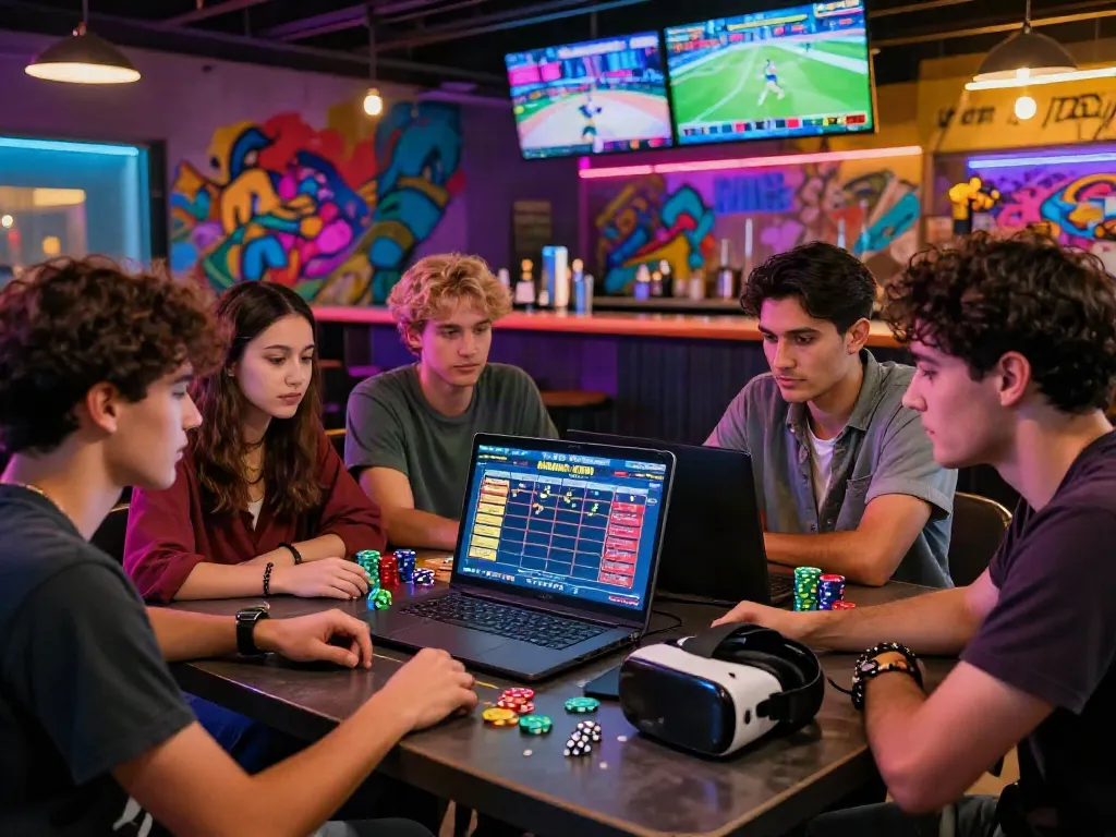 Exciting Bandar Togel gaming scene with friends immersed in digital betting.