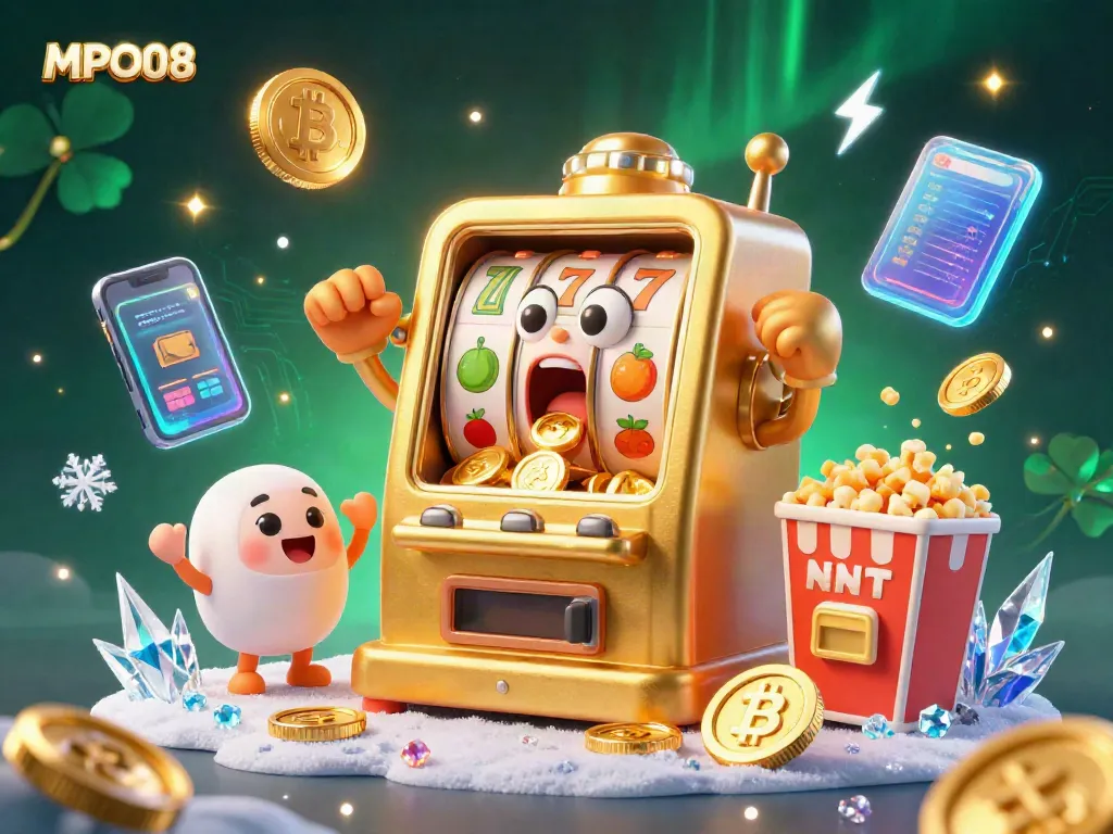 MPO08 slot machine celebrates a jackpot with coins pouring out, exciting gamblers in a dynamic casino scene.