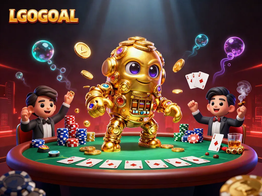 Experience thrilling gaming action with LGOGOAL's dynamic casino illustration featuring a golden golem and poker elements.
