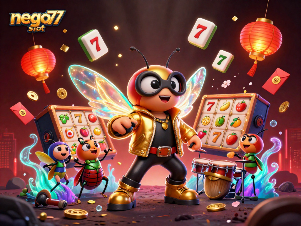 Engage in the excitement of nego77 slot with a dazzling 3D scene of a rock star cicada and vibrant casino elements.