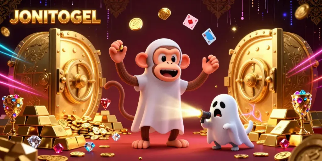 Experience the thrill of JONITOGEL as a playful poltergeist monkey juggles golden treasures in a vibrant casino scene.