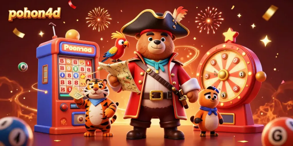 Pohon4D lottery scene showcasing vibrant characters celebrating with floating numbered balls and a colorful prize wheel.