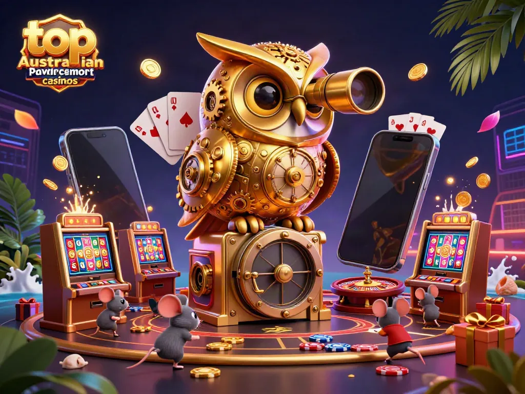 Experience the excitement at top Australian payout casinos with vibrant 3D illustrations of gaming fun and golden opportunities.